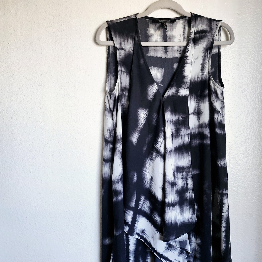 BCBGMaxAzria Tie-Dye Cascade Asymmetrical Ruffle Midi Dress XS Statement Piece